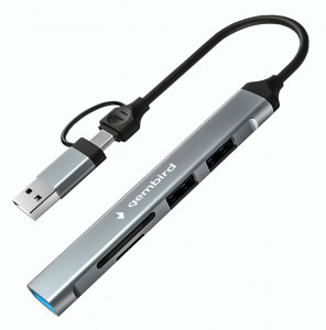 Картридер Type-C шт.- USB(A) (OTG) Gembird, 5в1: 2xUSB2.0, USB3.1, SD/TF, кабель 10см, алюминий