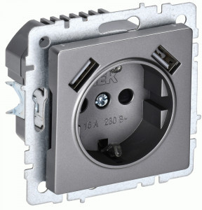 IEK BRITE мех. роз. СУ земля, штор. 16А с USB A+A 2,1А РЮш10-1-БрС сталь BR-R14-16-U21-D21-K46