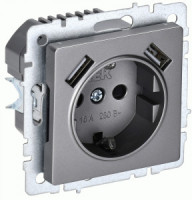 IEK BRITE мех. роз. СУ земля, штор. 16А с USB A+A 2,1А РЮш10-1-БрС сталь BR-R14-16-U21-D21-K46