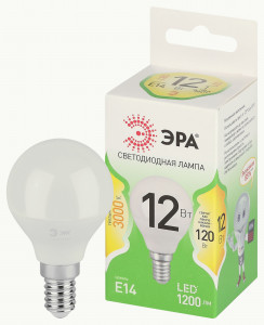 ЭРА GREEN LINE лампа св/д шар P45 E14 12W(1200lm) 3000K 2K P45-12W-830-E14 46x105 67042