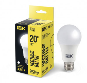 IEK лампа св/д ЛОН A70 E27 20W(2000lm) 4000K 4K 141x70  матовая LLE-A60-20-230-40-E27