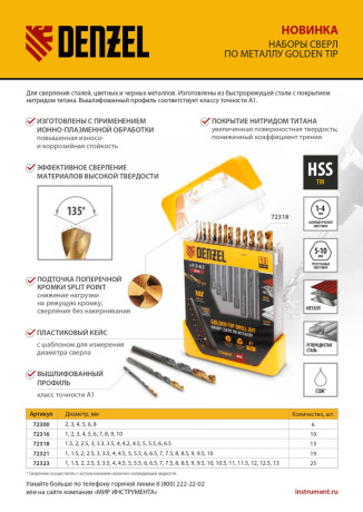 Набор сверл по металлу, 2-3-4-5-6-8 мм, HSS-Tin, Golden Tip, 6 шт Denzel