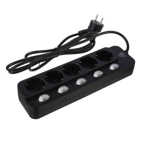 Удлинитель, сетевой фильтр 5 гнезд 2м BY, 0,75кв.мм,10А, 2500Вт с отд. выключателями, чёрный