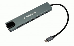 Докстанция Type-C Gembird, 8в1:USB2.0, USB3.1,Type-C,PD87W,HDMI,SD/TF,RJ45,кабель 20см, алюм