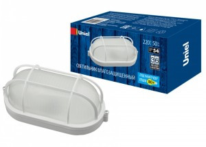 Uniel банник св-к влагозащит. IP54 100W E27 овал с  решеткой белый, алюм/стекл UWL-O02 100W/E27 IP54