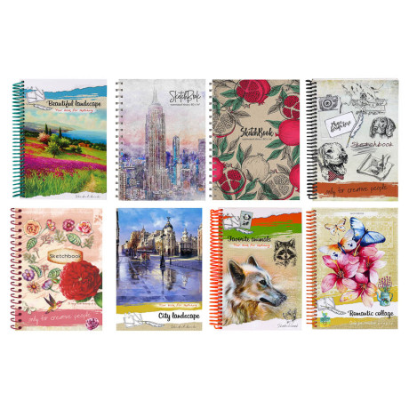 Скетчбук А5 (альбом) 80 листов, крем.бумага, 7БЦ, глянц. ламинация, блок 80 г/м2, спираль, в ассорти