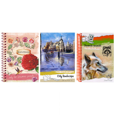 Скетчбук А5 (альбом) 80 листов, крем.бумага, 7БЦ, глянц. ламинация, блок 80 г/м2, спираль, в ассорти