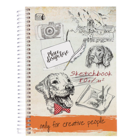 Скетчбук А5 (альбом) 80 листов, крем.бумага, 7БЦ, глянц. ламинация, блок 80 г/м2, спираль, в ассорти