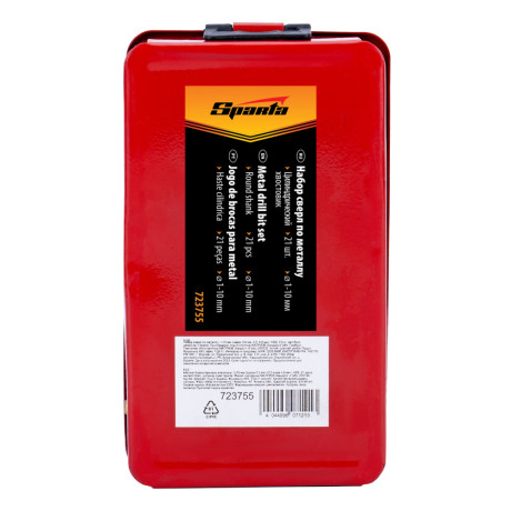 Набор сверл по металлу, 1-10 мм, (через 0.5 мм +3.2 и 4.8 мм) HSS 21 шт, металлический бокс, цилиндрический хвостовик Sparta