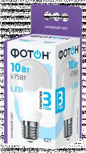 ФОТОН лампа св/д груша A60 E27 10W(840lm) 6500K 6K без пульсации 110x60 3г арт.23392