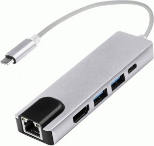 USB разветв-ль/хаб Атом Type-Cшт. 3.1 - 2xUSBгн 3.0+HDMIгн.+USB Type-C гн+RJ45/8p8c,15см,сереб,31010