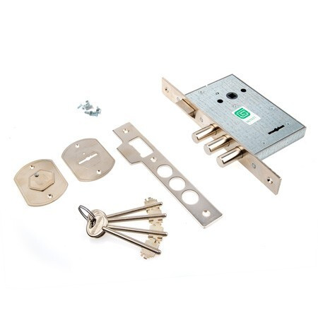 Замок врез ГАРДИАН-1011 сувальдный (защелка, 3 ригеля 13,5мм, м/о-77мм) полный комплект   \15