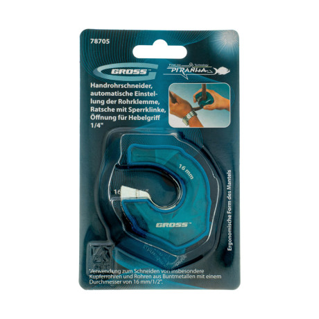Труборез ладонный "Piranha", 16 мм, 1/2, автоматическая регулировка зажима трубы, трещотка с храповым механизмом, отверстие 1/4 Gross