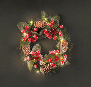 Navigator Гирлянда NGF-D041-01 венок шишки и ягоды WW, 20 свд., 2 CR2032, IP20, Теплый белый 95035