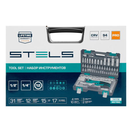 Набор инструментов 1/2", 1/4", CrV, 12 гранные головки, пластиковый кейс, 94 предмета Stels