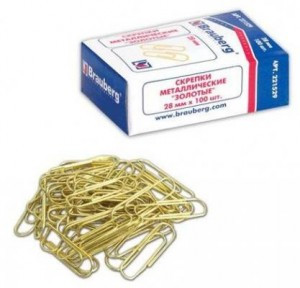 Скрепки BRAUBERG 28 мм золот., 100 шт., в карт. коробке, 221529