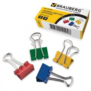 Зажимы д/бумаг BRAUBERG, 19мм, на 60л., комплект 12шт, цветные, в карт.коробке, 224470