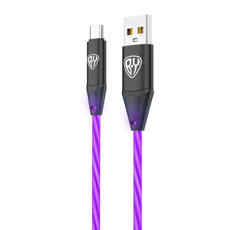 BY Кабель для зарядки Светящийся Type-C, 1м, 2.4А, Быстрая зарядка, подсв.фиолетовая, Герои, КОНЁК