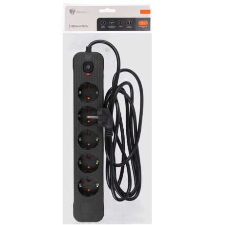 Удлинитель 5 гнезд 3м, BY, с зазем. с защитой от перегрузки с выкл. черный карбон сеч провода 1мм