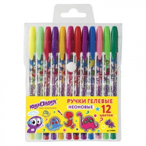 Ручки гелевые ЮНЛАНДИЯ, НАБОР 12 шт., АССОРТИ НЕОН, корпус с печатью, узел 0,7 мм, линия письма 0,5