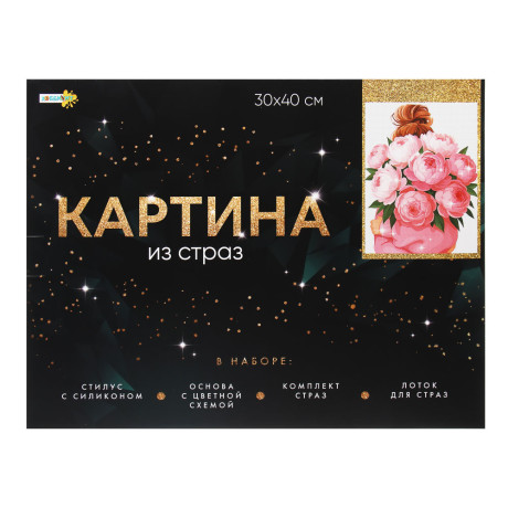 ХОББИХИТ Картина из страз, комплект: твердая основа, стразы, стилус, 30х40см, 5-10 дизайнов