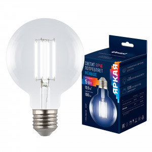 Uniel ЯРКАЯ шар G95 E27 5W(1055lm 360°) 4000K 4K 95x136 прозрачная  LED-G95-5W/4000K/E27/CL GLY01TR