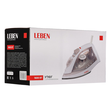 LEBEN Утюг с отпаривателем 1600 Вт, подошва - тефлон, бежевый