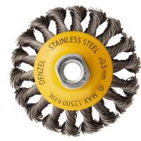Щетка для УШМ, 100 мм, &quot;Тарелка&quot;, крученая нержавеющая проволока 0.5 мм, М14 Denzel