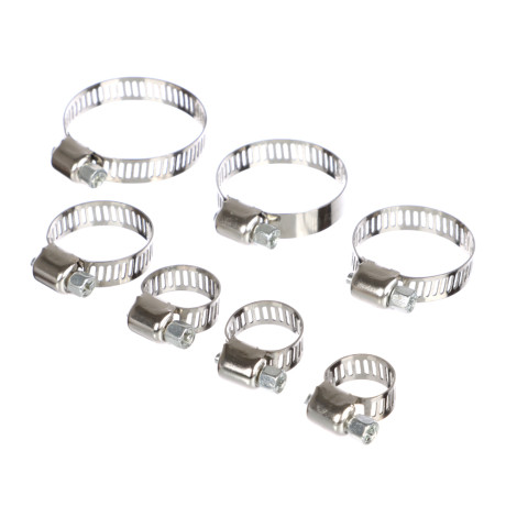 Набор червячных хомутов, сквозная просечка, от 8 до 38 мм, нерж. сталь, 64 шт