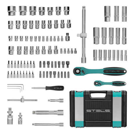 Набор инструментов 1/2", 1/4", CrV, 12 гранные головки, пластиковый кейс, 109 предмета Stels