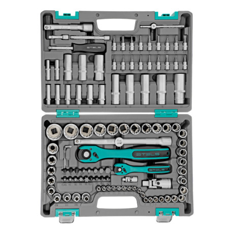 Набор инструментов 1/2", 1/4", CrV, 12 гранные головки, пластиковый кейс, 109 предмета Stels