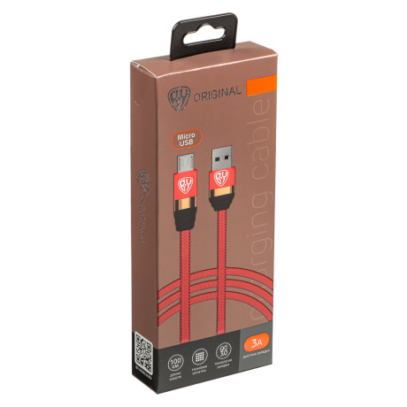 BY Кабель для зарядки Элегант Micro USB, 1м, 3А, быстрая зарядка QC3.0, тканевая оплётка, красный