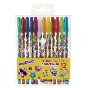 Ручки гелевые ЮНЛАНДИЯ, НАБОР 12 шт., АССОРТИ БЛЕСТКИ, корпус с печатью, узел 0,7 мм, линия письма 0
