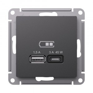 Systeme Electric AtlasDesign мех роз СУ 1 мест USB A+C 45Вт высокоскор.заряд QC,PD БАЗАЛЬТ ATN001429