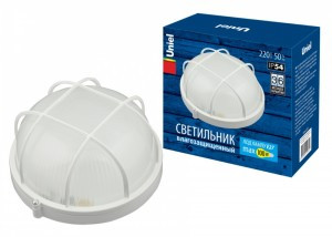Uniel банник св-к влагозащит. IP54 100W E27 круг с решеткой белый, алюм/стекло UWL-R02 100W/E27 IP54