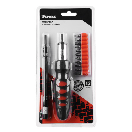 ЕРМАК Отвертка,гибкий стержнень,адаптер1/4,насадки25мм:SL5,SL6,SL7,PH1,PH2,PH3,PZ1,PZ2,T15,T20,сталь