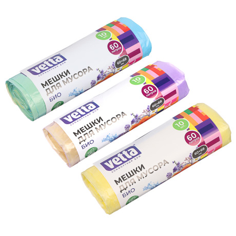 VETTA Мешки для мусора БИО 60л,10 шт с завязками,стандарт,3аромата(цитрус,морской бриз,цветы), рулон