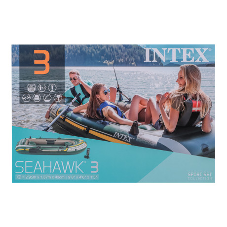 INTEX Набор Морской сокол 3 (лодка 68350 плюм 122см алюмин.весла, насос), 295х137х43см, 68380