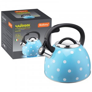 Чайник со свистком "Maestria",  2,5л, нерж.сталь, голубой в белый горошек 5175 Mallony