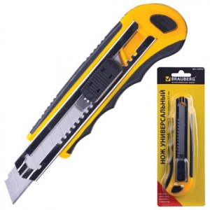 Нож универсальный BRAUBERG 18мм, автофиксатор, с резин.вставк, цв.корп.ассорти, +6лезв, блист,230922