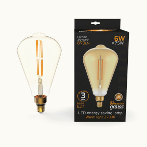 Gauss Filament ST164 6W(890lm) 2700К 2K E27 golden straight филамент (нитевидная) 157802118
