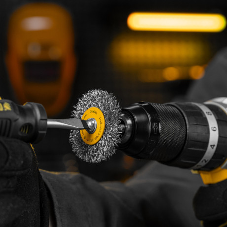 Набор щеток для дрели, 5 Плоских 25-38-50-63-75 мм, шпилька, нерж. вит. проволока Denzel