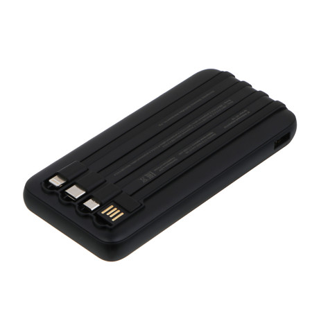 Аккумулятор мобильный BY 10000мАч, встроенные кабели, 10W, 2A, пластик, черный