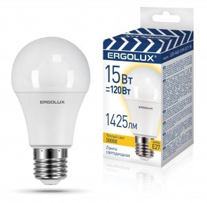 Ergolux ПРОМО ЛОН A60 E27 15W(1220lm 270°) 3000K 2K матовая 112x60 пластик/алюм. LED-A60-15W-E27-3K