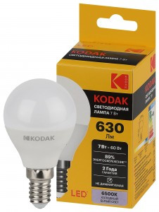 KODAK шар P45 E14 7W(630lm) 6000K 6K 80х45 170-265В P45-7W-865-E14 2 года 57613