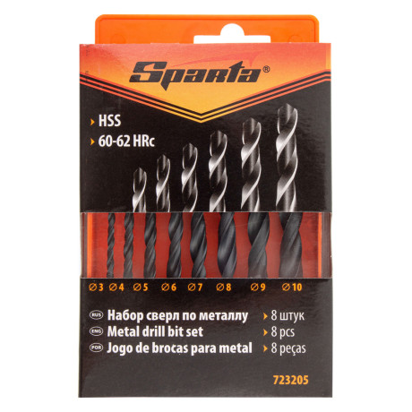 Набор сверл по металлу, 3-10 мм, (через 1 мм) HSS 8 шт, цилиндрический хвостовик Sparta