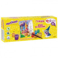 Гуашь ЮНЛАНДИЯ "ЮНЫЙ ВОЛШЕБНИК" 10+2 цвета (золотистый+серебристый) по 20 мл, без кисти, 191517