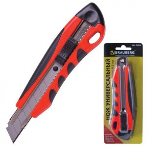 Нож универсальный BRAUBERG 18мм, автофиксатор, с резин.вставк, цв.корп.ассорти, +2лезв, блист,230920