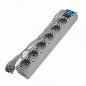 DOMTOK Сетевой фильтр (удл.) ПВС 3х1 6роз. 5м 10А серый земля,выкл, автомат (15!) 2520