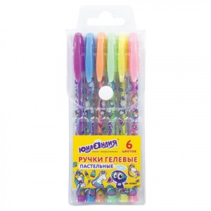 Ручки гелевые ЮНЛАНДИЯ, НАБОР 6 шт., АССОРТИ ПАСТЕЛЬ, корпус с печатью, узел 0,7 мм, линия письма 0,